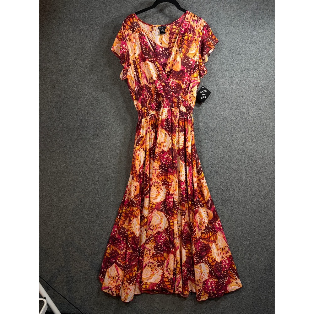 Kate and Lily Maxi Dress Womens 12 Orange Butterfly Print Smocked Waist 15130